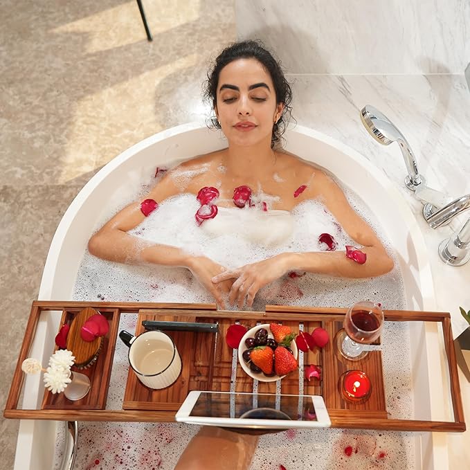 VaeFae Premium Teak Bathtub Tray, Expandable Wooden Bath Tray for Tub, Luxury Bathtub & Bathroom Accessories, Great House Warming, Anniversary & Wedding and Birthday Gifts (Free Teak Body Brush) - Bloomnest