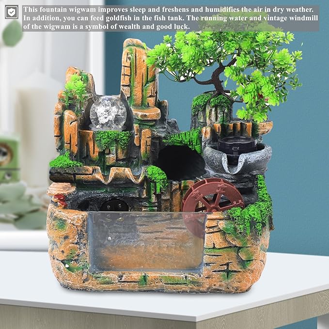 Atomizing Rockery Water Fountain Desktop Chinese Fengshui Tabletop Fountain Plants, Desktop Fountains, Atomizing Humidifier Fountain LED Lamp Waterfall for Home Office Bedroom Desk Decoration