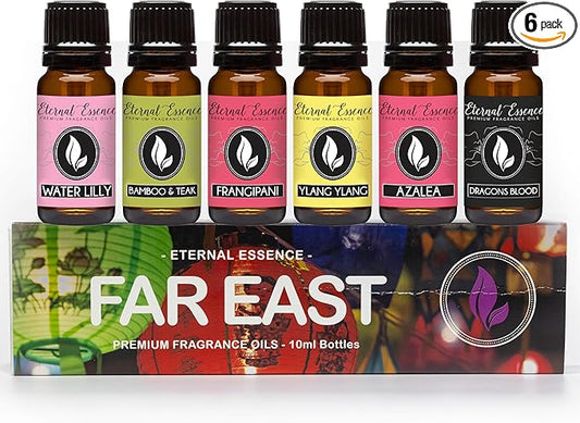 Eternal Essence Oils Far East Set of 6 Premium Fragrance Oils - Includes Water Lily, Bamboo & Teak, Frangipani, Azalea, Ylang Ylang and Dragon's Blood Scented Oils - 10ML - Bloomnest