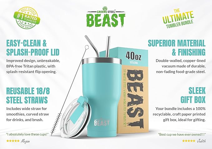Beast 40 oz Tumbler Stainless Steel Vacuum Insulated Coffee Ice Cup Double Wall Travel Flask (Aquamarine Blue) - Bloomnest