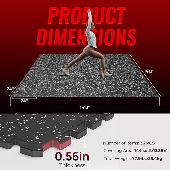 SUPERJARE 0.56'' Thick 36 Pcs 144 Sq Ft Rubber Top Exercise Equipment Mats, High Density EVA Foam Mats with Rubber Top, Interlocking Gym Flooring for Home Gym, Protective Workout Mat, Black/Grey - Bloomnest