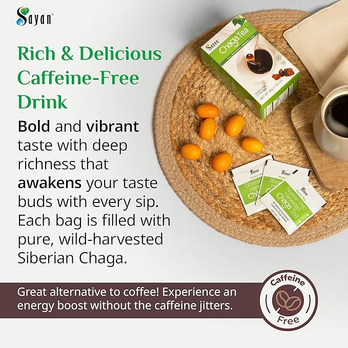 Sayan Siberian Chaga Mushroom Tea 1.05 Oz / 30g – 20 Unbleached Bags, Wild Harvested Organic Antioxidant No Caffeine. Raw and Extract Blend. Immune, Digestion Support. Detox, Focus Energy Boost - Bloomnest