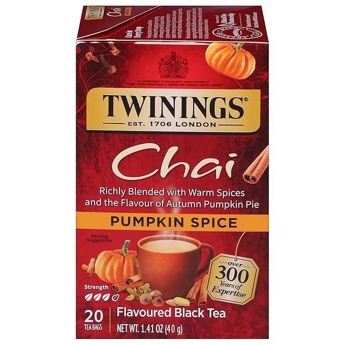 Twinings Pumpkin Spice Chai Black Tea Individually Wrapped Bags, 20 Count (Pack of 1), Warm, Spicy & Aromatic, Caffeinated, Enjoy Hot or Iced, 20 Teabags - Bloomnest