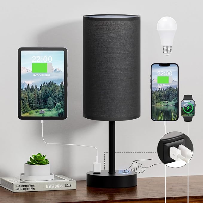Fenmzee Touch Nightstand Lamp - Black, 3-Way Dimmable, USB A + C Charging, AC Outlet, 17.4inch Medium - Bloomnest