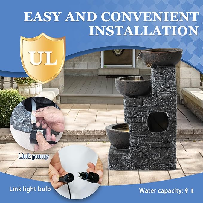 Outdoor Water Fountains with Cascading Bowls, 4-Tiers Fountains and Waterfalls w/LED Lights,Indoor Morden Floor Standing Resin Water Feature for Garden Patio Backyard Home Decor (Grey & Brown) - Bloomnest