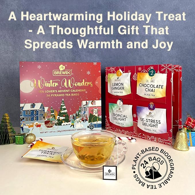 BREWIX, 2025 Advent Calendar Tea Bags | 24 Delightful Black & Green Tea Infusions in Pyramid Tea Bags - Holiday Gift Box | Christmas Gift Idea for Tea Lovers, Countdown Set | Holiday Variety Sampler for Tea Lovers - Bloomnest