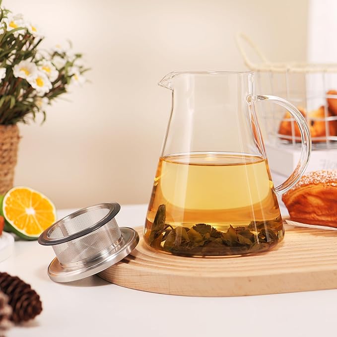 CNGLASS 30.5oz/900ml Glass Teapot Stovetop Safe,One-Touch Clear Tea Kettle,Blooming and Loose Leaf Tea Maker - Bloomnest