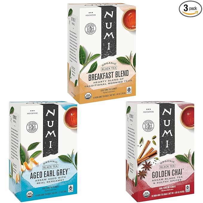 Numi Organic Black Tea Variety, 18 Tea Bags (Pack of 3), Breakfast Blend, Aged Earl Grey & Golden Chai (Packaging May Vary) - Bloomnest