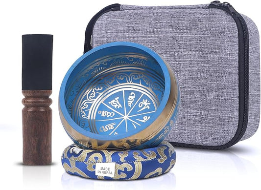 Kmise Tibetan Singing Bowls Set- Handmade in Nepal Meditation Sound Bowls for Yoga, Meditation, Mindfulness, Healing and Chakra Balancing, Stress Relief (5', Blue) - Bloomnest