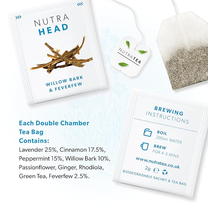 NUTRAHEAD - Migraine Relief Tea | Headache Relief Tea - For Migraine & Tension Headache Relief - Includes Feverfew,Willow Bark & Rhodiola - 40 Enveloped Tea Bags - by Nutra Tea - Herbal Tea - (2 Pack) - Bloomnest