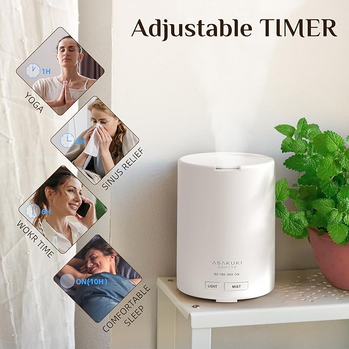ASAKUKI Essential Oil Diffuser, 5-in-1 Quiet Humidifier, Home Fragrance Aroma Diffuser with 7 LED Color Changing Light and Auto-Off Switch (Pure White) - Bloomnest