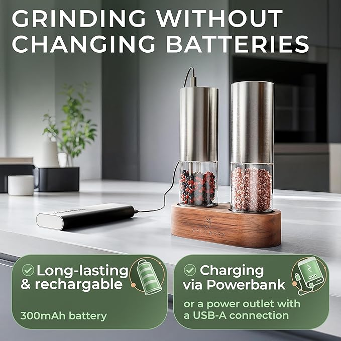 WALDWERK Electric Salt and Pepper Grinder Set (300 mAh Rechargeable Battery) - Salt and Pepper Shakers with Elegant Acacia Wood Stand – Rechargeable Automatic Salt and Pepper Grinder Set - Bloomnest