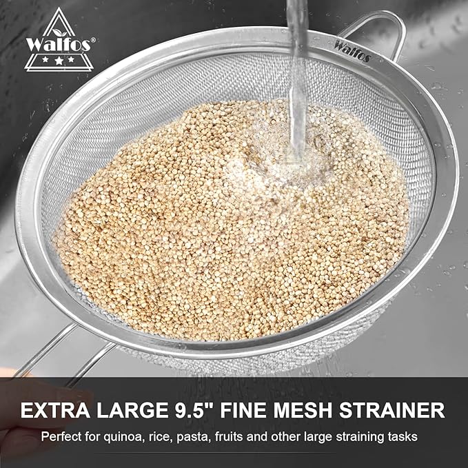 Walfos Extra Fine Mesh Strainer Set of 4-9.35", 6.95", 4.6", 2.7", Stainless Steel 30 Mesh Sieve with Sturdy Handle, Kitchen Food Strainers Sifters for Quinoa, Pasta, Fruits, Vegetables, Rice, Tea - Bloomnest