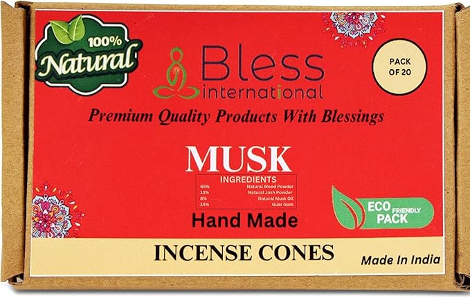 Bless International Musk 100%-Natural-Incense-Cones Handmade-Hand-Dipped Organic-Chemicals-Free for-Purification-Relaxation-Positivity-Yoga-Meditation The-Best-scents (20 Count)