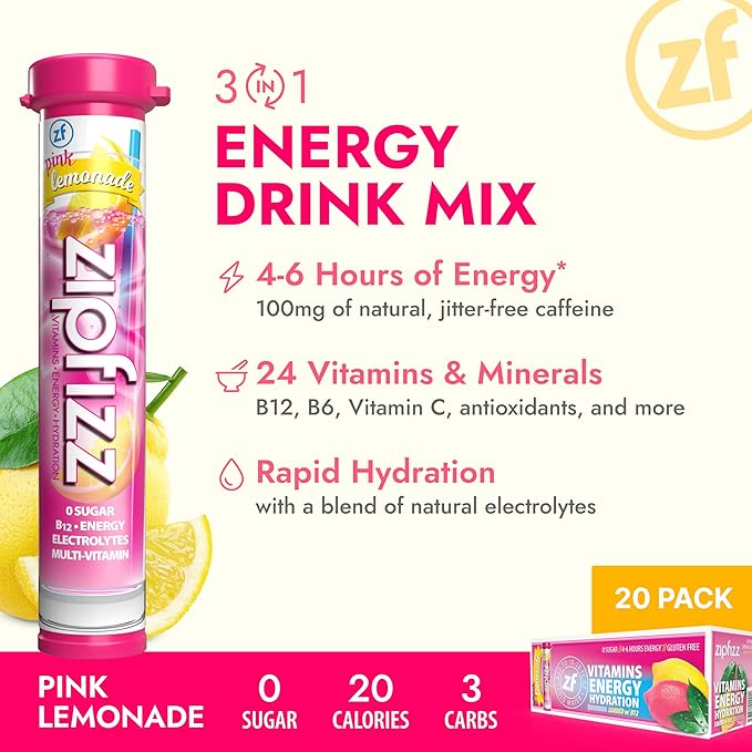 Zipfizz Daily Energy Drink Powder, Pink Lemonade, 12 Pack | 3-in-1 Sustained Energy, Rapid Hydration, and Essential Vitamins | Sugar-Free | Electrolyte Powder | Contains Vitamin B-12 & Antioxidants - Bloomnest