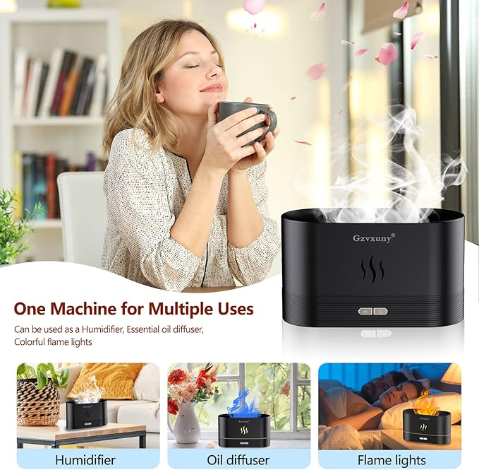 Flame Essential Oil Diffuser, Upgrade 7 Colour Lights Aromatherapy Diffuser, Super Quiet Air Humidifier, Electric Aroma Diffuser, Waterless Auto-Off for Home Office Room - Black - Bloomnest