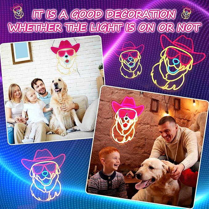 Retisee Golden Retriever Neon Sign Wall Decor Wearing Glasses Dog with Cowboy Hat LED Neon Light Dimmable Pet Animal Sign for Dog Lover Living Room Shop Bar Birthday Party Accessory Birthday Gift - Bloomnest