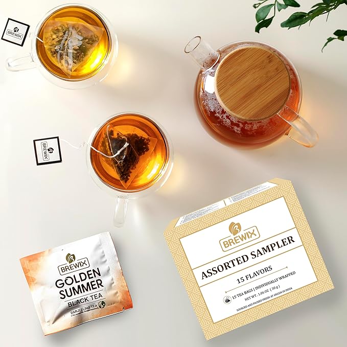 BREWIX Premium Assorted Tea Sampler Gift Box (15 Pyramid Individually Wrapped Tea Bags) | Herbal Tea, Black Tea, Green Tea | Tea Gift Set & Variety Pack | Gifts for Women & Men, Tea Set - Bloomnest