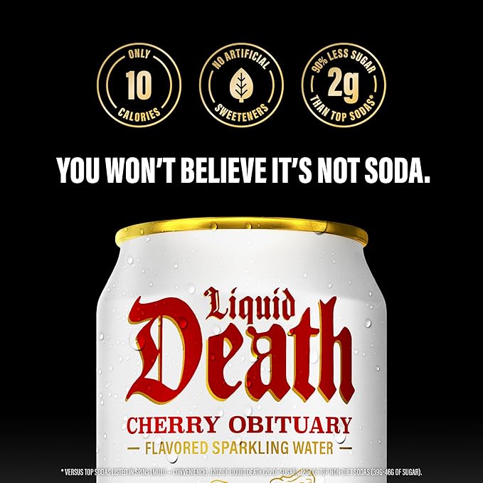 Liquid Death Soda-Flavored Sparkling Water - Cherry Obituary, Less Sugar*, Huge Flavor, No Caffeine, No Artificial Sweeteners, 12 Fl Oz (Pack of 12) - Bloomnest