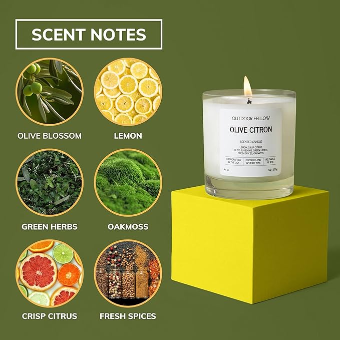 Outdoor Fellow Olive Citron Scented Candle – Highly Scented 8oz Jar Candle with Lemon, Citrus & Herbs – Non Toxic, Long Lasting Fragrance for Lemon Decor Accent in Home or Kitchen - Bloomnest