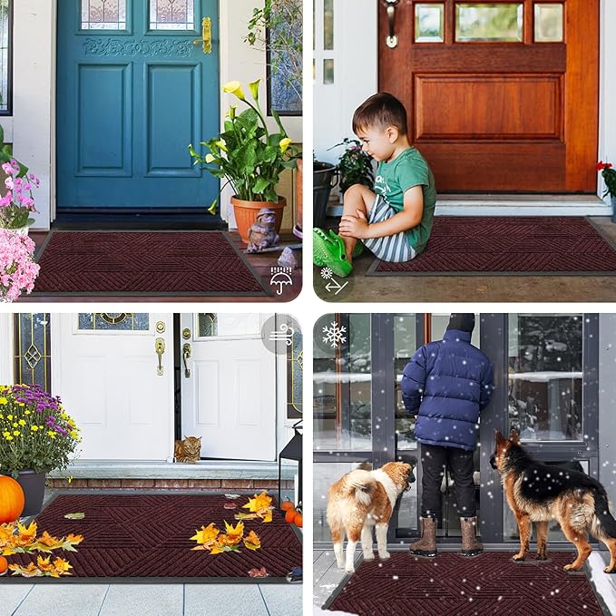 Smiry Front Door Mat Outside Entrance, Heavy Duty Sturdy Natural Rubber Doormat, Trap Dirt and Moisture, Easy Clean Low Profile Mats for Indoor Outdoor Entry, Irregular Triangle (47x24, Dark Red) - Bloomnest