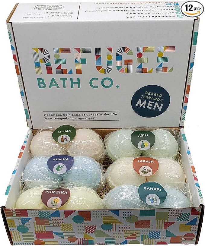 Mens Variety Bath Bombs, 2.5 oz Each, Cocoa Butter and Plant Based Ingredients, Vegan, Support Refugee Employment in The USA, Made in The USA - Bloomnest
