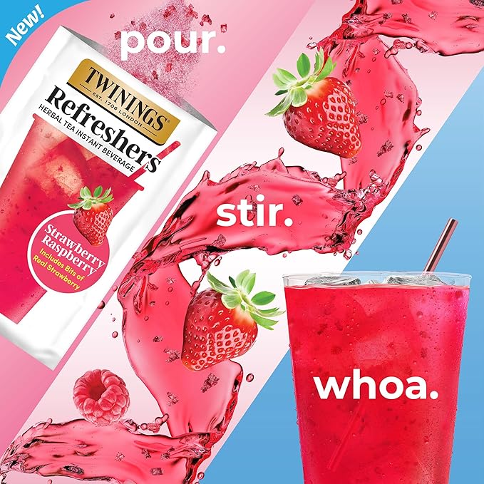 NEW Twinings Strawberry Raspberry Refreshers, Herbal Tea Instant Beverage, Real Strawberry Fruit Bits, 5 Count (Pack of 6), Café Style, No Artificial Sweeteners, Naturally Caffeine-Free, 30 Packets - Bloomnest