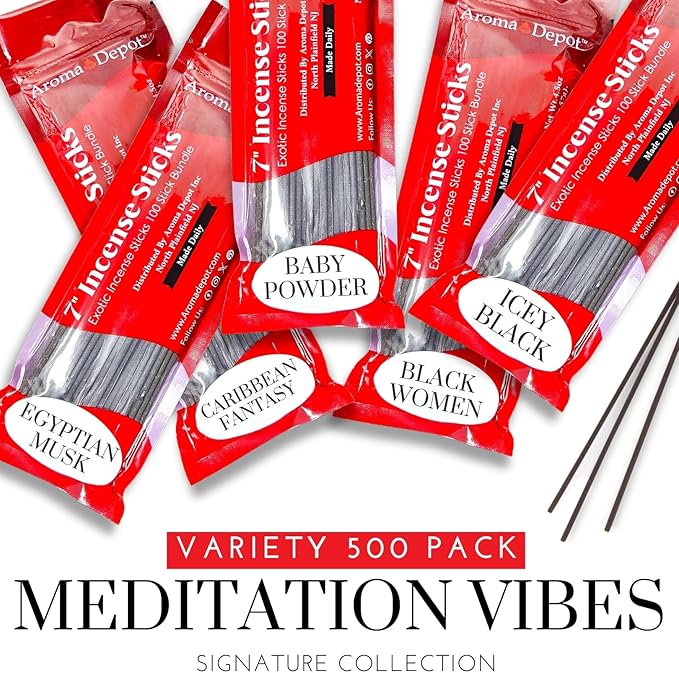 Aroma Depot Meditation Vibes 7'' Incense Sticks - Variety Set 500 Pack - 7 inch - 5 Bundles 100 Sticks Per Scent. Set Features Baby Dust Type, Black Women, Caribbean Fantasy, Egyptian Musk, Icey Black