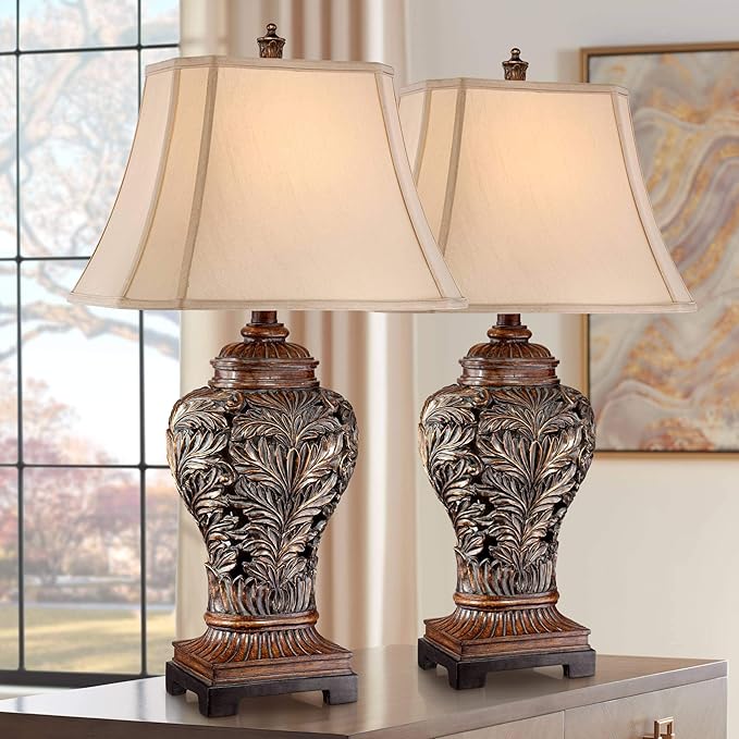 Barnes and Ivy Traditional Table Lamps 32.5" Tall Set of 2 Bronze Brown Carved Leaf Openwork Vase Tan Rectangular Shade Decor for Living Room Bedroom House Bedside Nightstand Home Office - Bloomnest