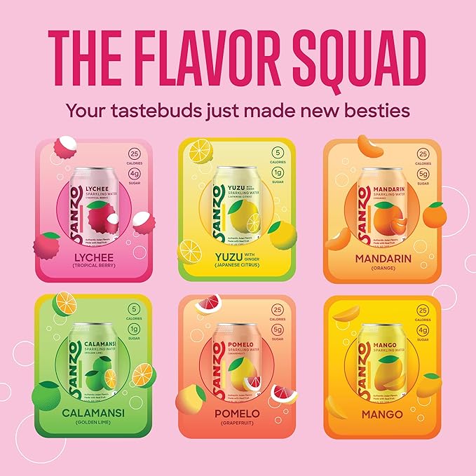 Sanzo Flavored Sparkling Water Variety Pack - Yuzu Lemon, Calamansi Lime, Pomelo Grapefruit, Mango, Lychee, Mandarin Orange - Asian Drinks Carbonated Flavored Water, Fizzy Seltzer - 12oz, 12 Pack - Bloomnest