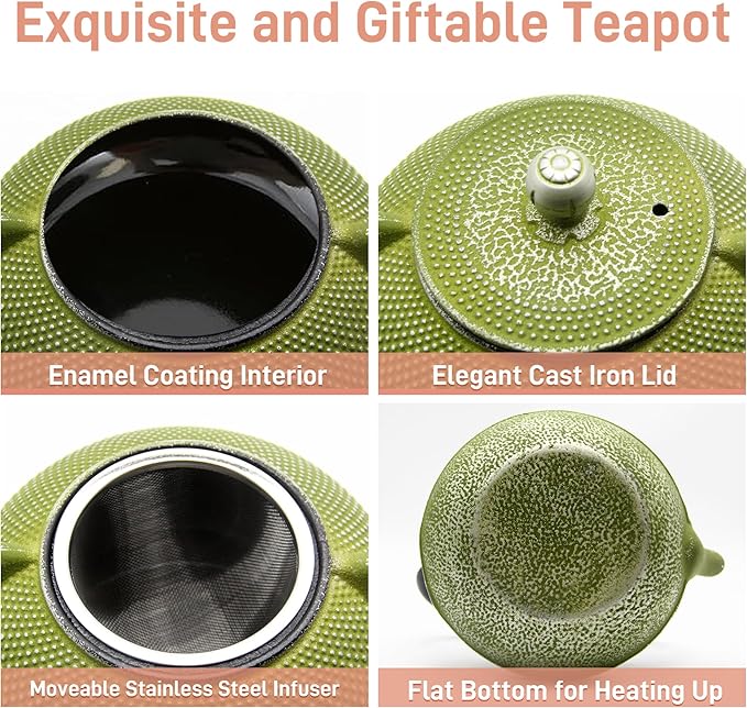 Cast Iron Teapot Tea Kettle with Stainless Steel Infuser for Stovetop Safe Coated with Enameled Interior Japanese Green Tetsubin for Loose Tea(30.4oz/900ml) - Bloomnest