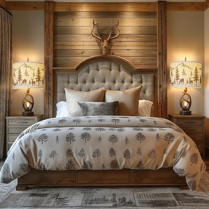 Farmhouse Deer Antler Table Lamp Set of 2 For Living Room with USB Ports, Rustic Bedside Lamp with Nightlight For Bedroom, linen Fabric Shade Vintage Nightstand Lamps For Hotel Bar Country House - Bloomnest