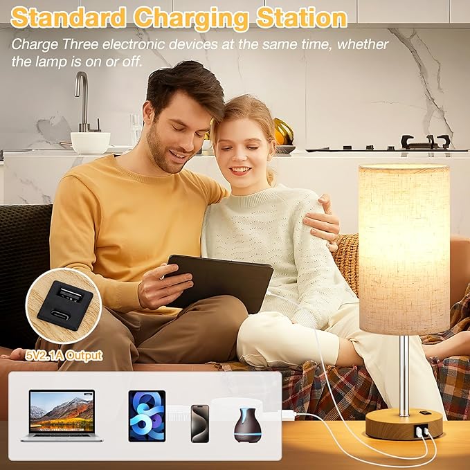 Dicoool Touch Bedside Table Lamp with USB - 3 Way Dimmable Wood Lamp for Bedroom Nightstand, Desk Lamp with Charging Station for Dorm, Office, Kids Room, Living Room - Bloomnest
