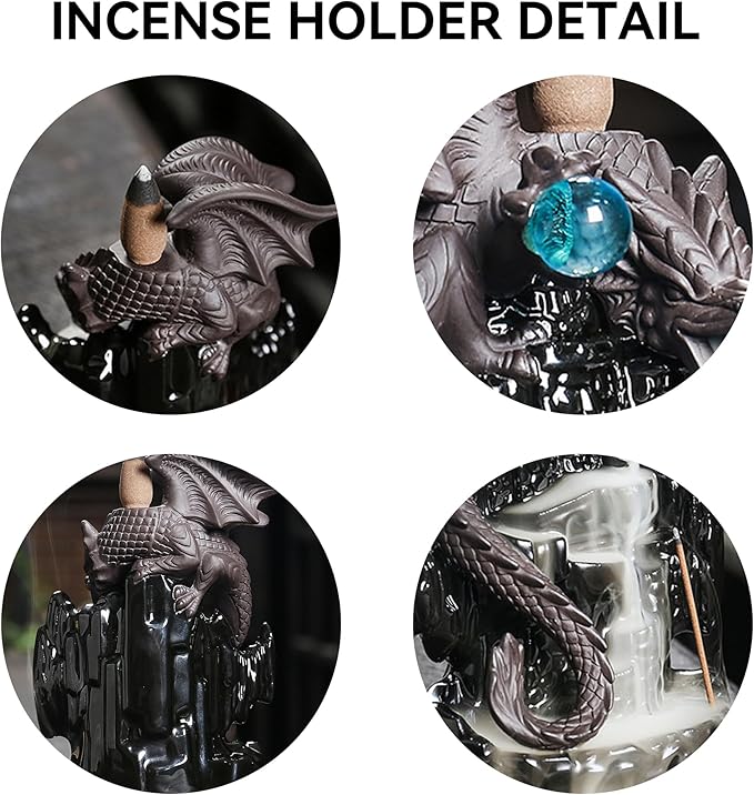 Ceramic Backflow Incense Holder, Waterfall Incense Burner with 20 Backflow Incense Cones + 30 Incense Stick, Dragon Backflow Incense Burner for Aromatherapy Ornament Home Decor - Bloomnest