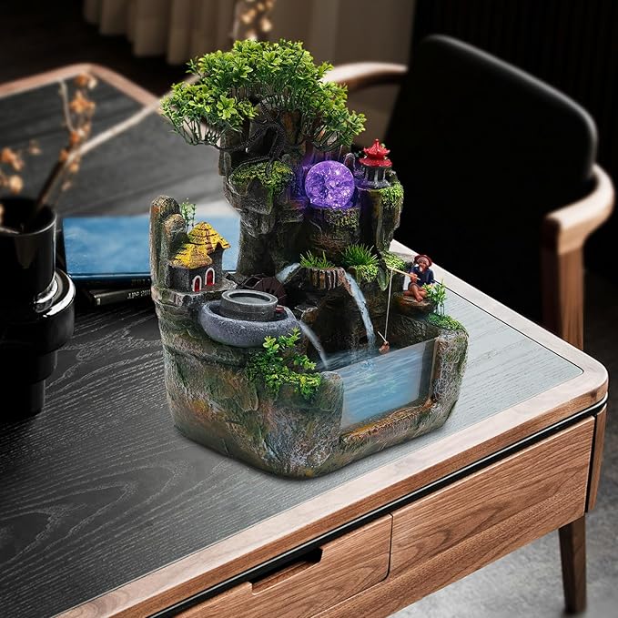 110V 3.5W Tabletop Water Fountain, Indoor Rockery Stream Desktop Fountain Waterfall with Atomizer & Auto Pump, Led Illuminated Waterfall, Zen Décoration for Meditation for Good Luck & Wealth