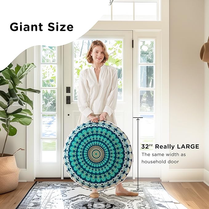 Codi Meditation Floor Pillow Set of 2, Round Large Pillows Seating for Adults, Bohemian Mandala Circle Cushions for Outdoor Fireplace Yoga Living Room, 32 Inch, Memory Foam Added, Green - Bloomnest