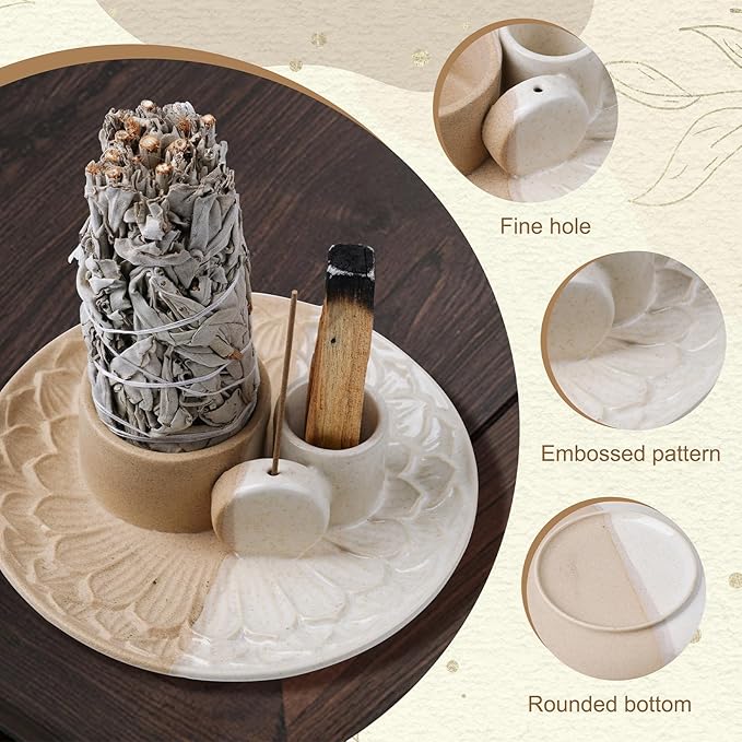 4 in 1 Incense Holder, Ceramic Incense Stick and Palo Santo Holder,Sage Holder for Burning- 5.5" Ceramic Ash Catcher Tray for Meditation and Yoga Room (Sand) - Bloomnest
