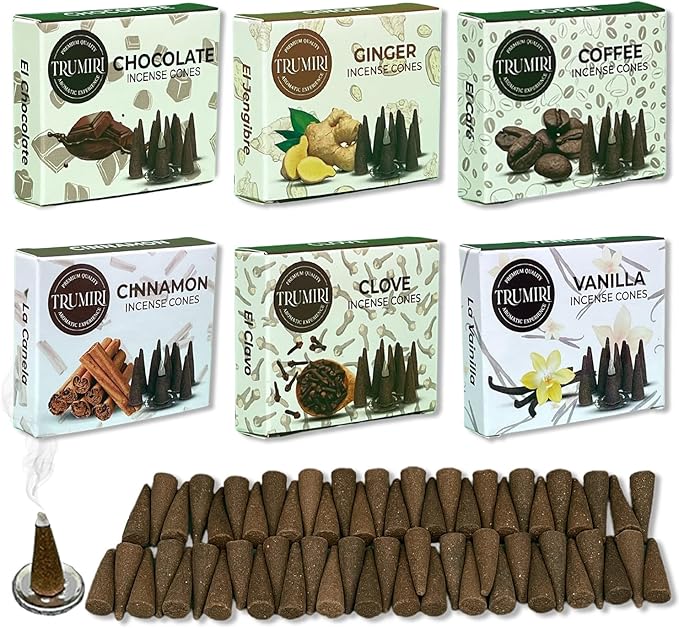 TRUMIRI Gourmet Incense Cones - Variety Pack - Total 60 Cone Incense (6 Scents x 10 Conos) - Vanilla, Cinnamon, Coffee, Chocolate, Clove, Ginger - Cone Incense Scents - Insense Cones - Incent Cone TRUMIRI
