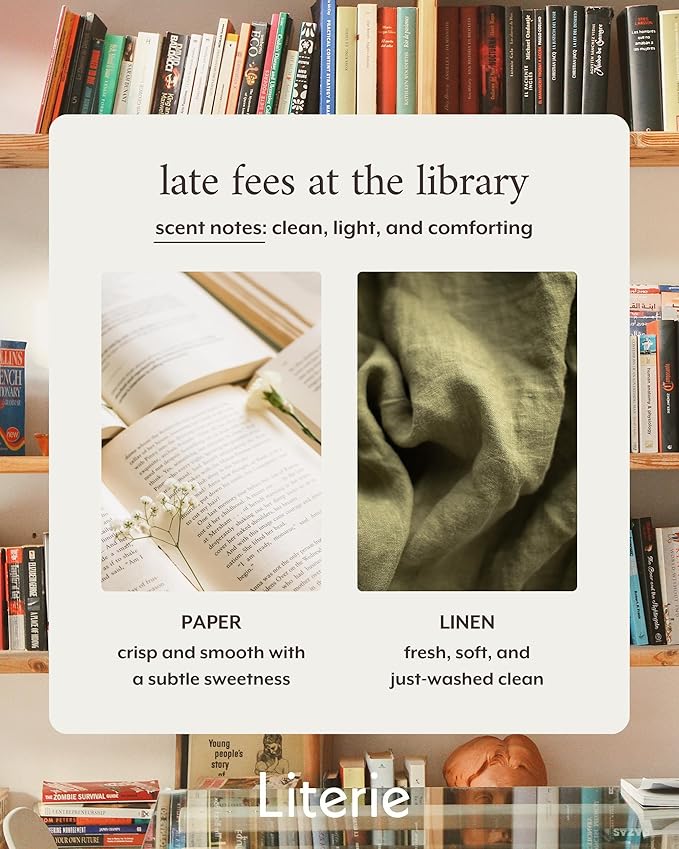Literie NYC Inspired Scented Candle: Late Fees at The Library - Paper & Linen Scent, 9oz, 50 Hour Burn, Vegan Soy & Coconut Blend Candle for Home Decor, Gift for Women & Men - Bloomnest