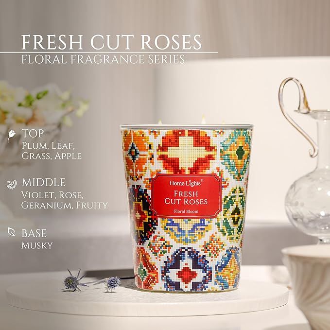 HomeLights 3-Wick Candles for Home Scented - 34oz Soy Wax Blend Candle Long-Lasting Fragrance, Bohemian Natural Textures Home Decor and Housewarming Gifts, Fresh Cut Roses - Bloomnest