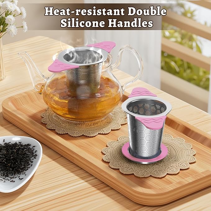 Tea Infuser for Loose Leaf Tea,18/8 Stainless Steel Tea Infuser with Heat Proof Silicone Handles,Extra Fine Mesh Tea Strainers Filter Fine Tea Leaves Effectively,Fits TeaPots/Mugs-Pink - Bloomnest
