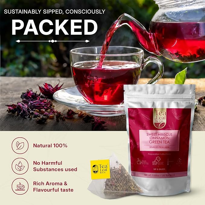 Tealeaf & Co. Sweet Hibiscus Cinnamon Green Tea with Hibiscus, Cinnamon, Stevia & Clove - Green Tea Bags with Fresh Herbs and Spices (Low Caffeine) - 100 Teabags - Bloomnest