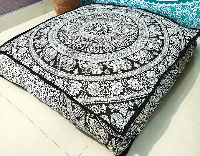Black White Elephant Flower Mandala Mandala Barmeri Large Floor Pillow Cover Cushion Meditation Seating Ottoman Throw Cover Hippie Decorative Zipped Bohemian Pouf Ottoman Cases 24 " square - Bloomnest