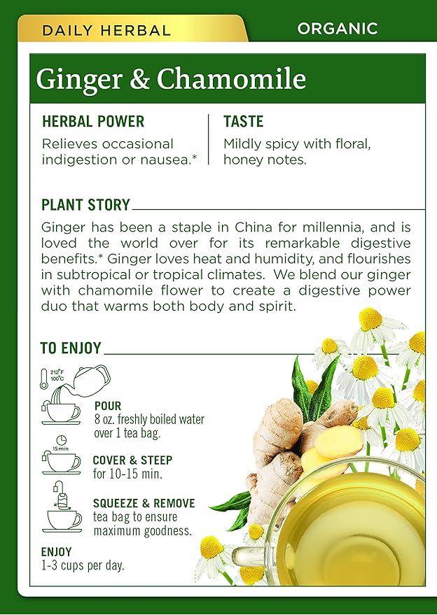 Traditional Medicinals Organic Ginger & Chamomile Herbal Tea, Relieves Occasional Indigestion or Nausea, (Pack of 1) - 16 Tea Bags - Bloomnest
