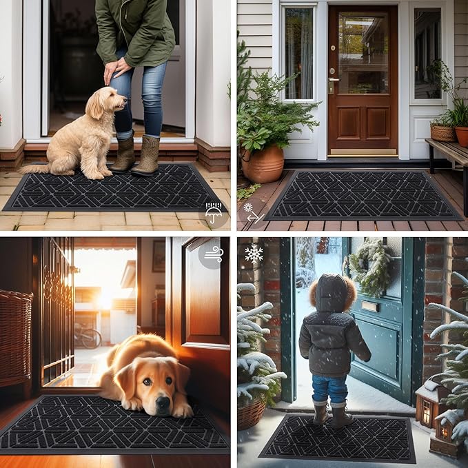 Smiry Front Door Mat Outside Entrance, Heavy Duty Sturdy Natural Rubber Doormat, Trap Dirt and Moisture, Easy Clean Low Profile Mats for Indoor Outdoor Entry, Grid Geometric (47x24, Black) - Bloomnest