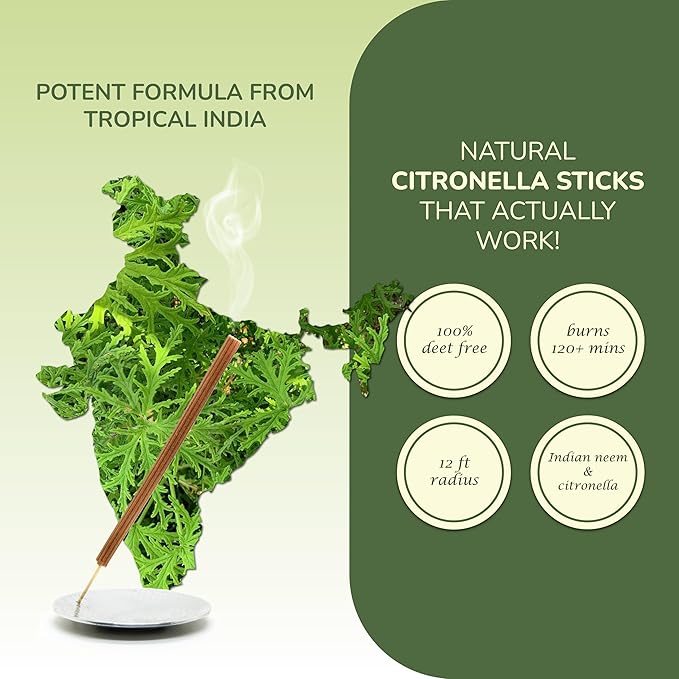Natural Citronella Incense Sticks Outdoor - (18 Sticks, 40 hrs Protection) for Safety on Patio, Camping etc | DEET Free, Powered with Indian Neem & Essential Oils