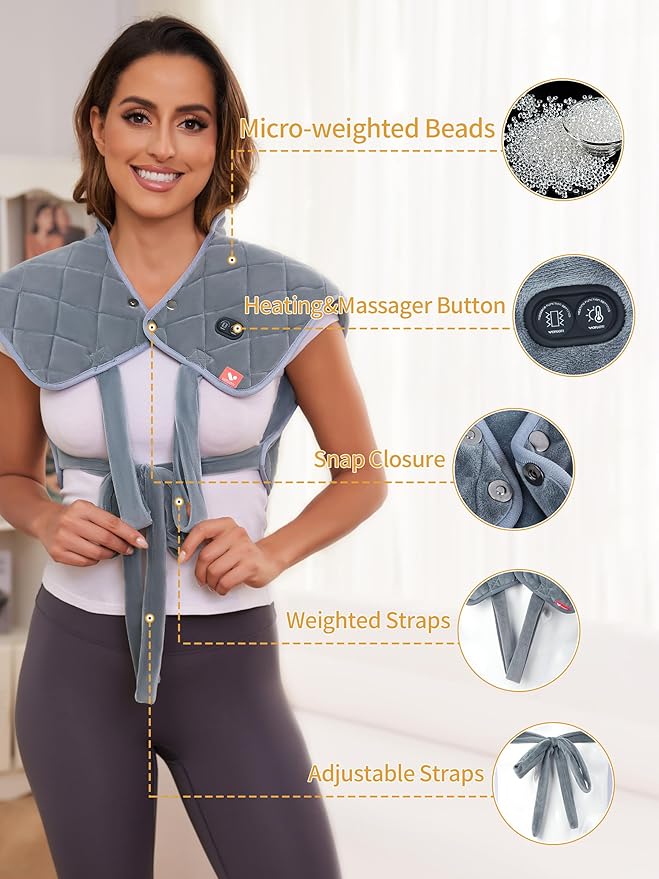 Vofuoti Heating Pad for Neck and Shoulders, Portable Cordless Heating Pad with Massager and Battery, Weighted Electric Heated Neck Shoulder Wrap, 16'' x 22'', 2.2lbs - Bloomnest