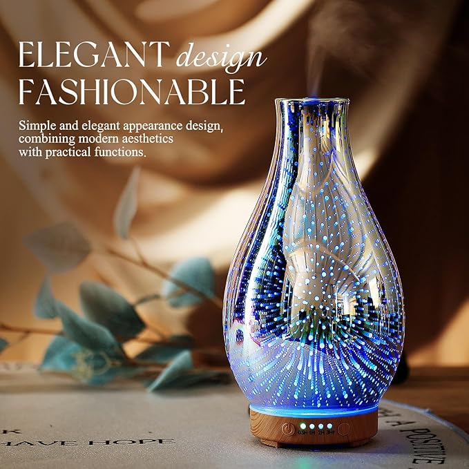 Porseme Essential Oil Diffuser 3D Glass Aromatherapy Ultrasonic Humidifier Cool Mist, Auto Shut-Off, Timer Setting, BPA Free for Home Office Hotel Yoga Gym Leisure SPA Gift 100ml Porseme