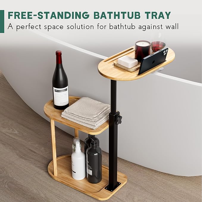 3 Layer Bath Tub Tray Table, Freestanding Bamboo Bath Tray Caddy for Tub Against Wall, Bath Table Tray Tub Shelf Bathroom Organizer Shelf for Luxury Spa and House Warming New Home - Bloomnest