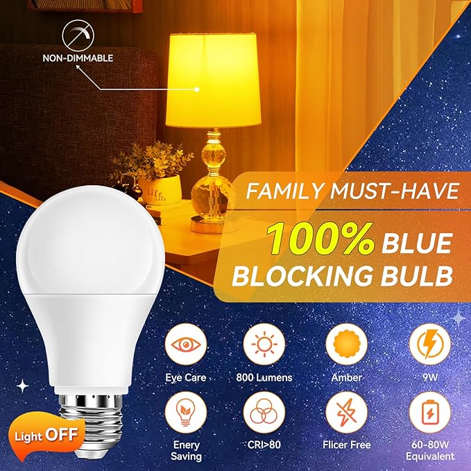 Neporal Amber Sleep Light Bulbs 1800K 3PK, 9W 60 Watt Equivalent, 99.96% Blue Blocking Soft Warm Light Bulbs A19, Amber Night Light E26 for Bedroom and Baby Nursery Light - Bloomnest